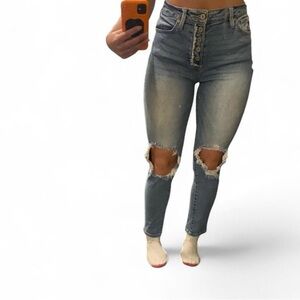 KanCan Button-Fly Ripped Gray Jeans